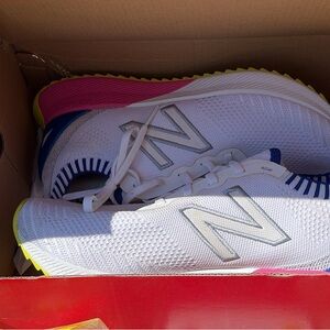 New Balance White Knit Sneakers with Pink, Blue & Yellow Accents